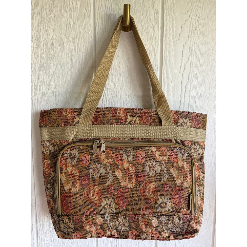 Vintage Floral Tapestry Tote Bag Large Boho Market Bag Zip Pocket Carryall - Picture 3 of 6